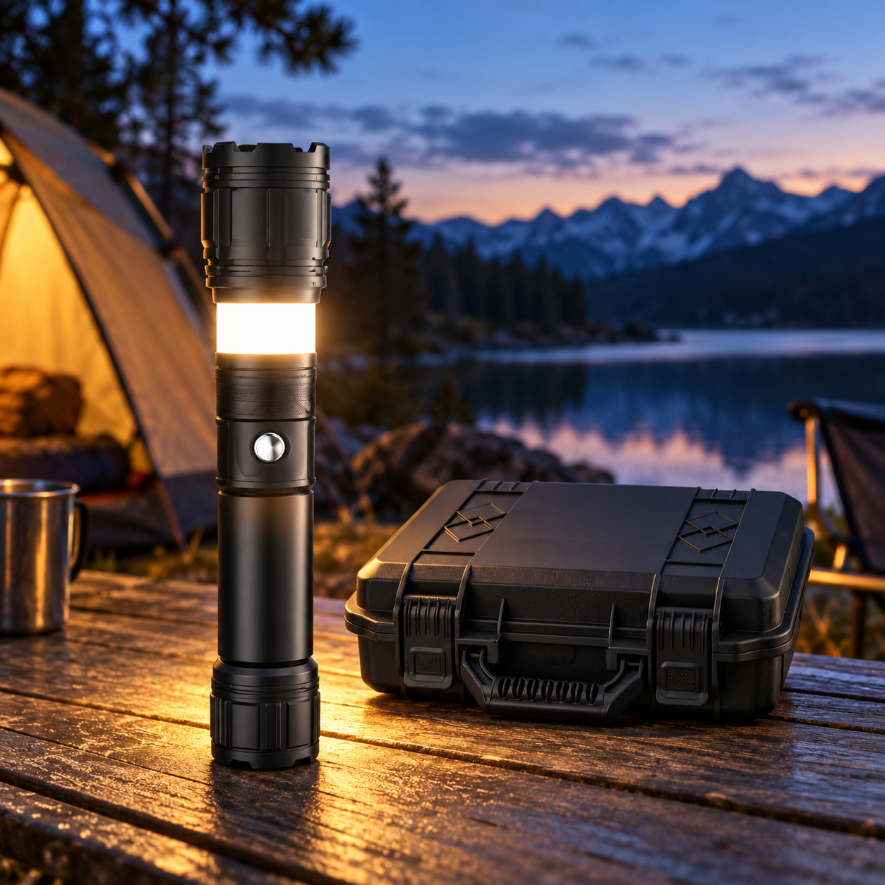 WoodsMaster flashlight lighting a campsite at dusk