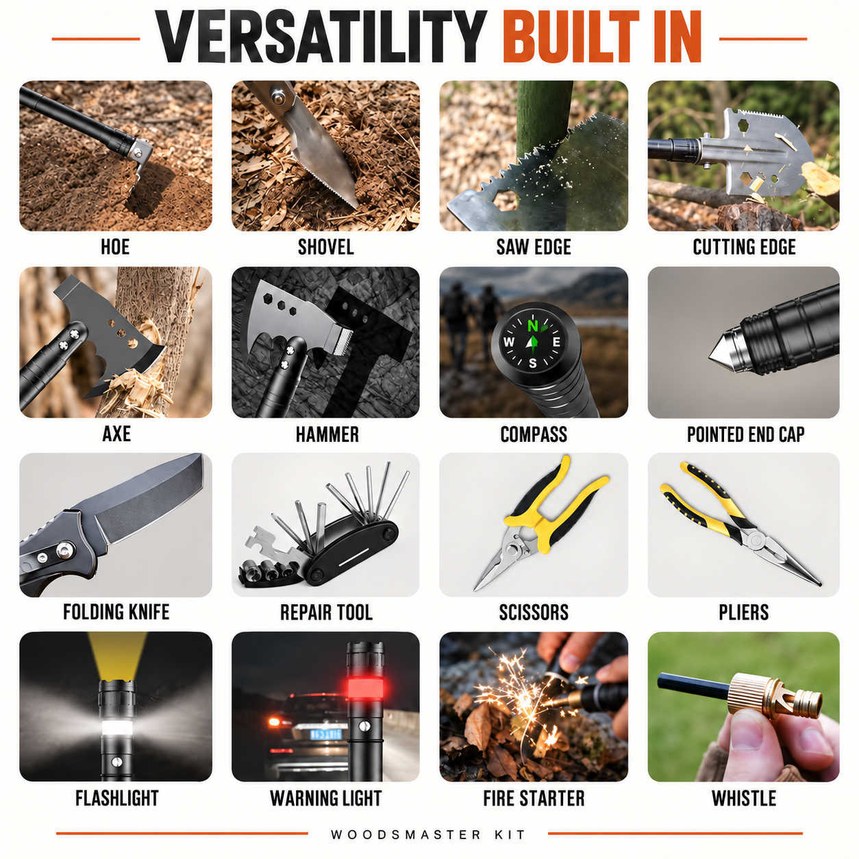 WoodsMaster shovel and axe functions chart
