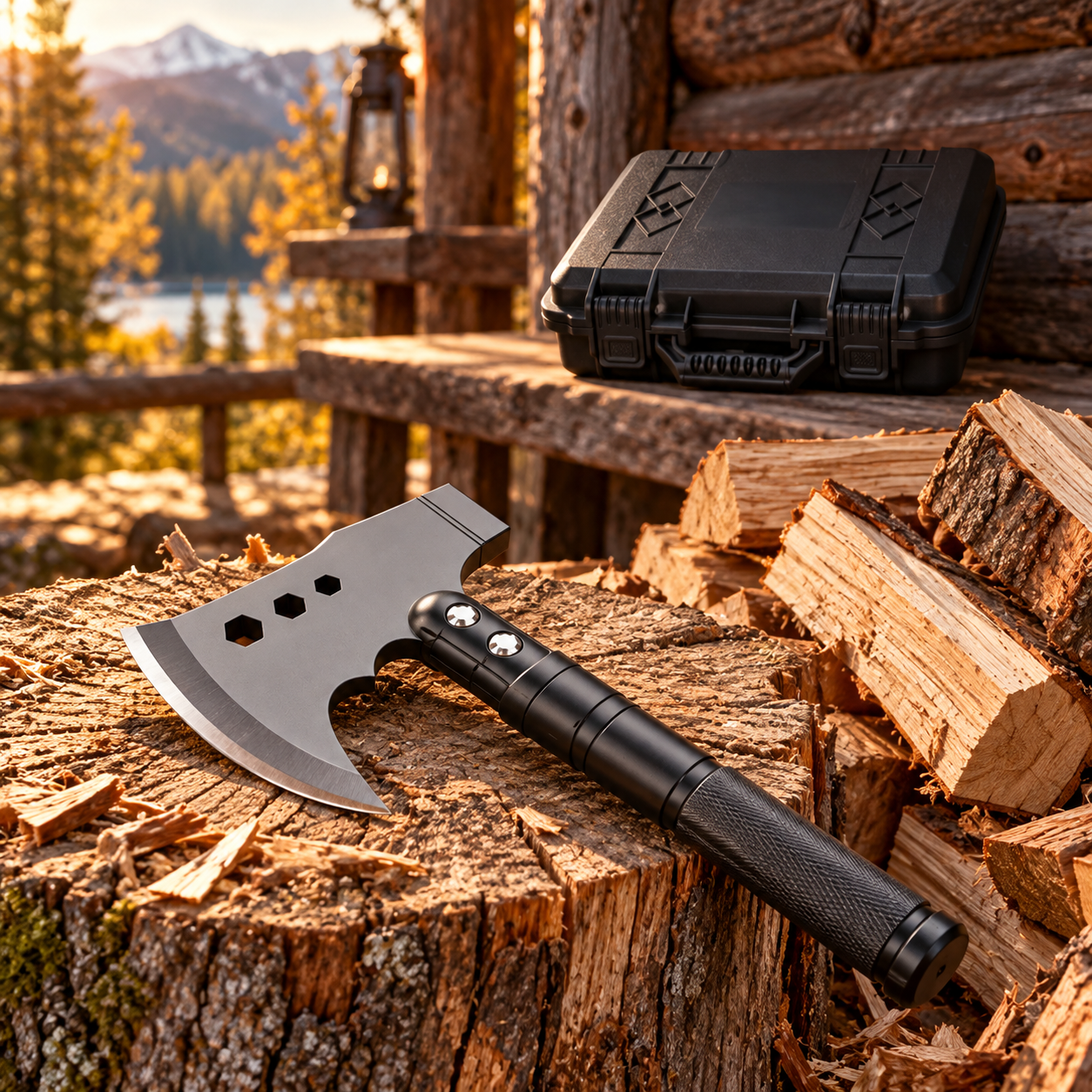 WoodsMaster axe resting on a chopping stump