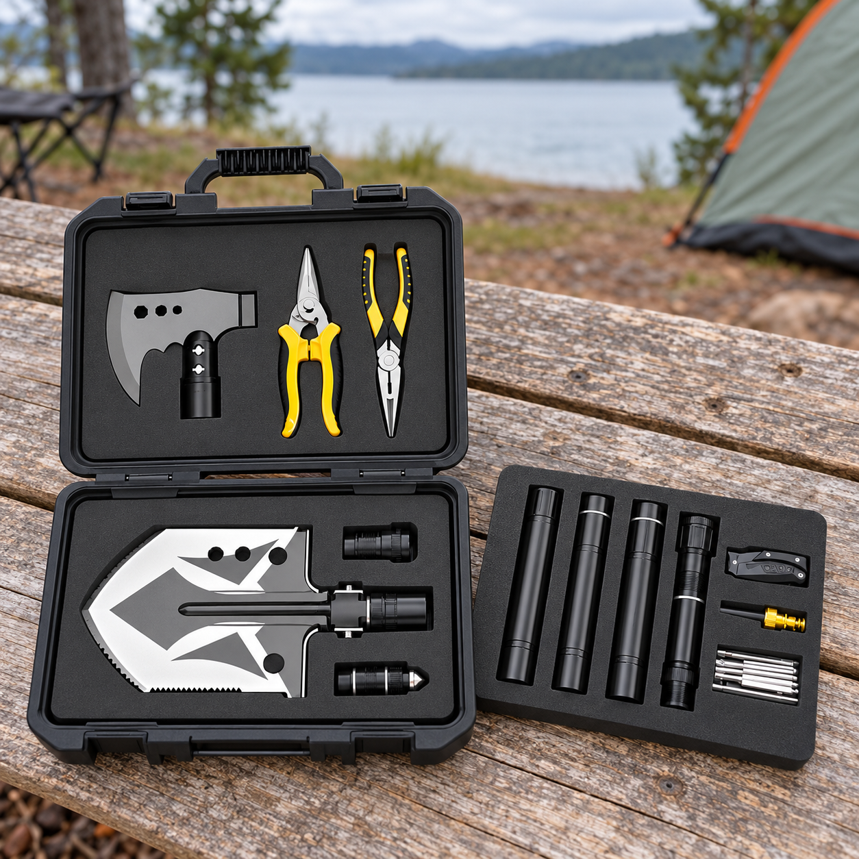 WoodsMaster Kit at a lakeside campsite