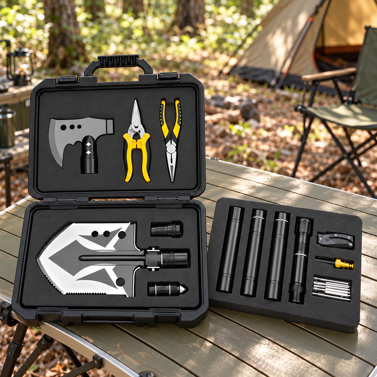 The WoodsMaster Kit open in its hard case on a camp table at a woodland campsite, with the tent and camp chair behind